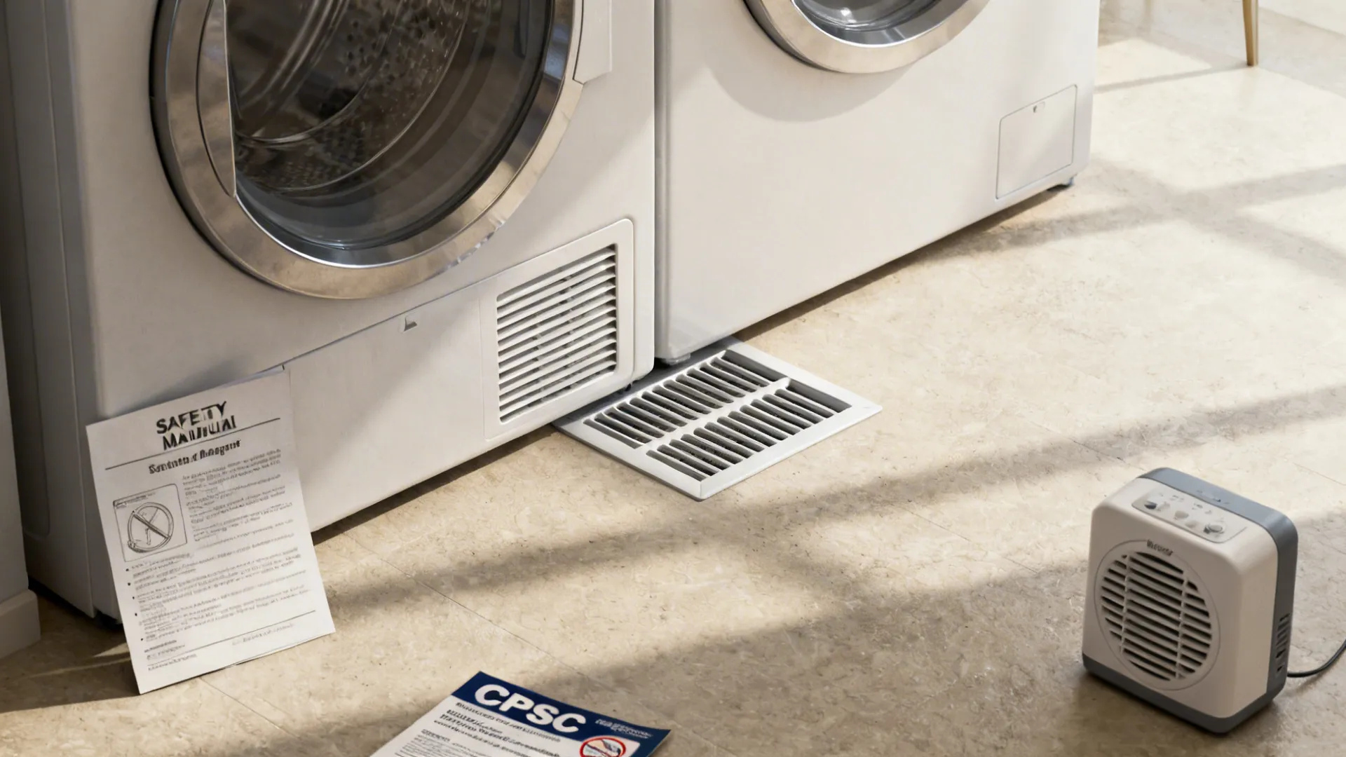 Washer manual, CPSC safety brochure, ventilation grille and dehumidifier demonstrating safety and ventilation tips.