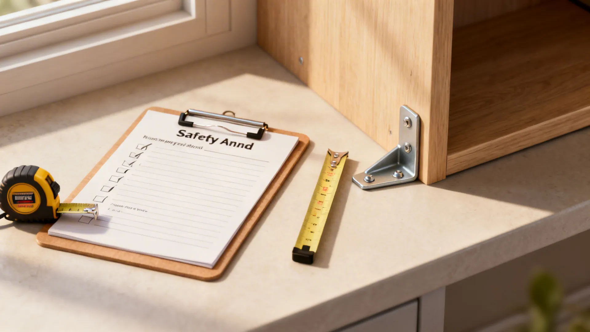 Vignette with a checklist, tape measure, and anchored bookshelf bracket illustrating FAQs and safety tips.