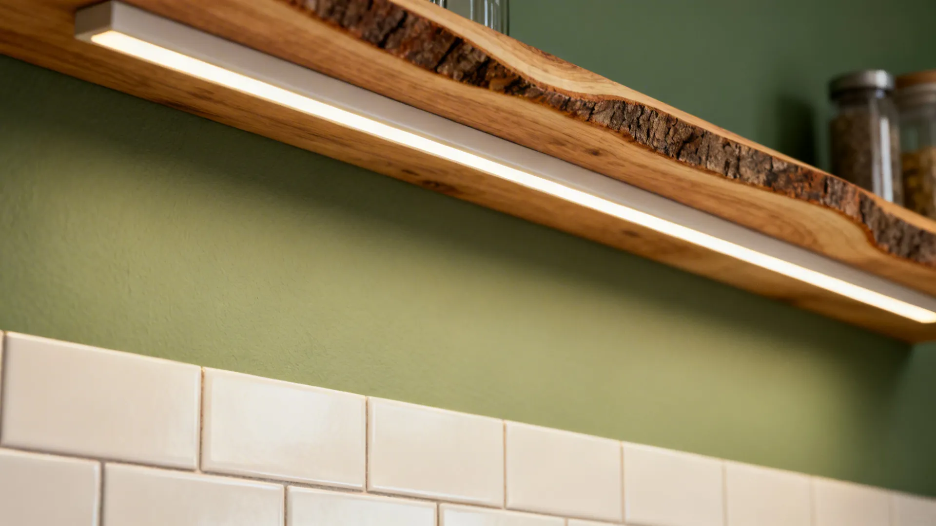 Warm light strip glowing under a natural wood shelf against a sage green kitchen wall