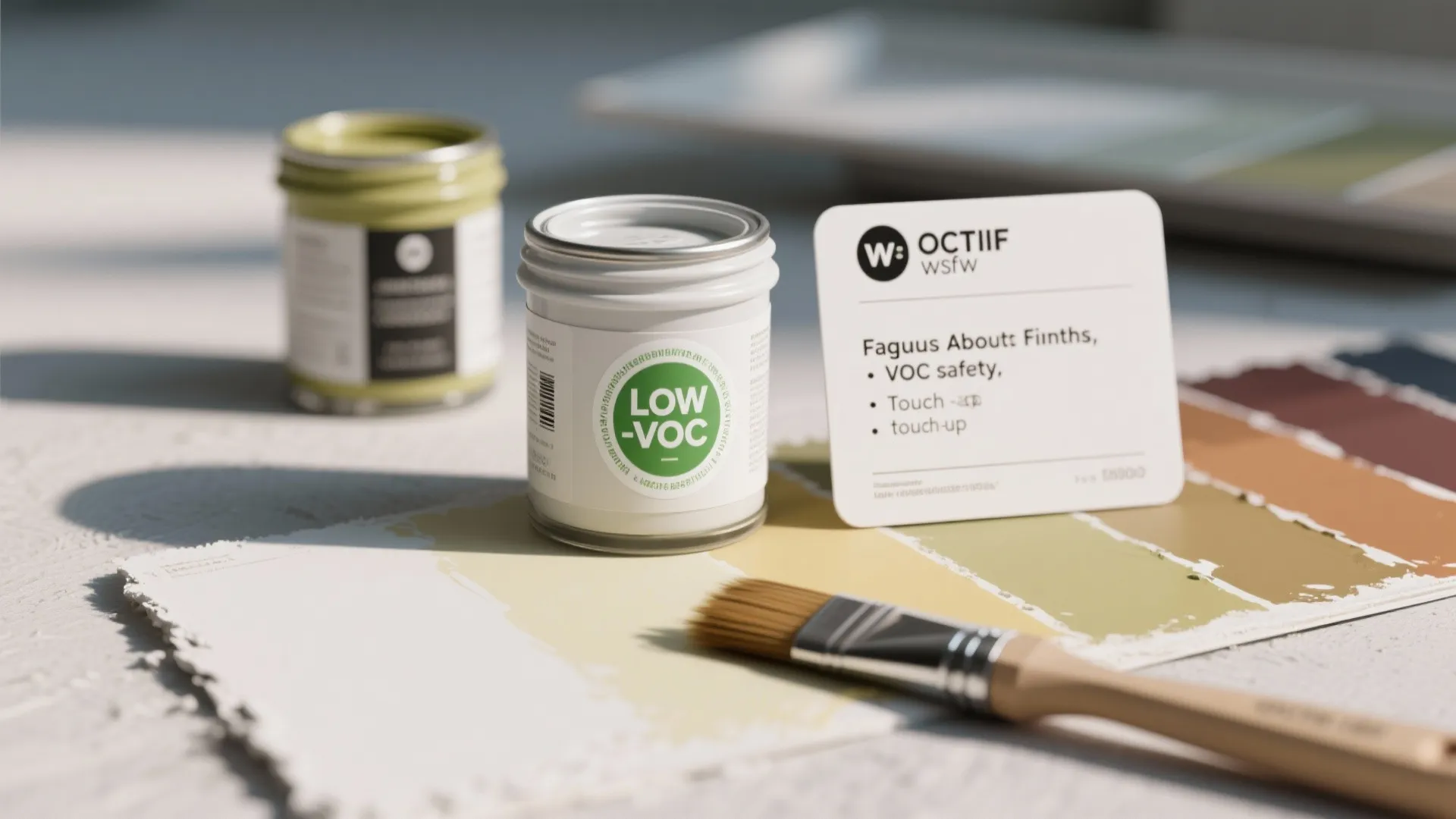 Low-VOC paint jars with a brush and color samples on a table for home renovation