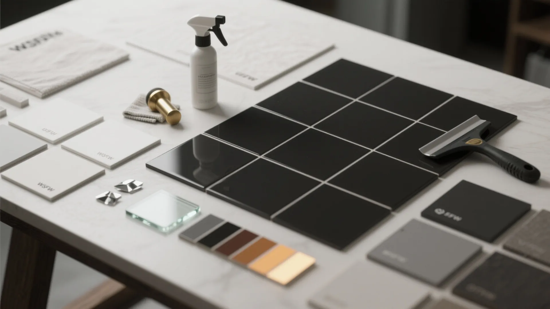 Interior design material board with black tiles color swatches cleaning spray and a small squeegee