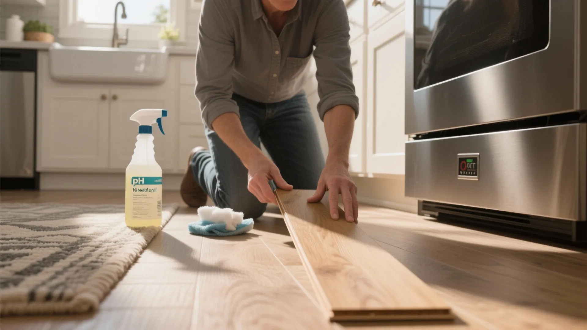 Person kneeling in kitchen installing light wood flooring next to a cleaning spray and cloth