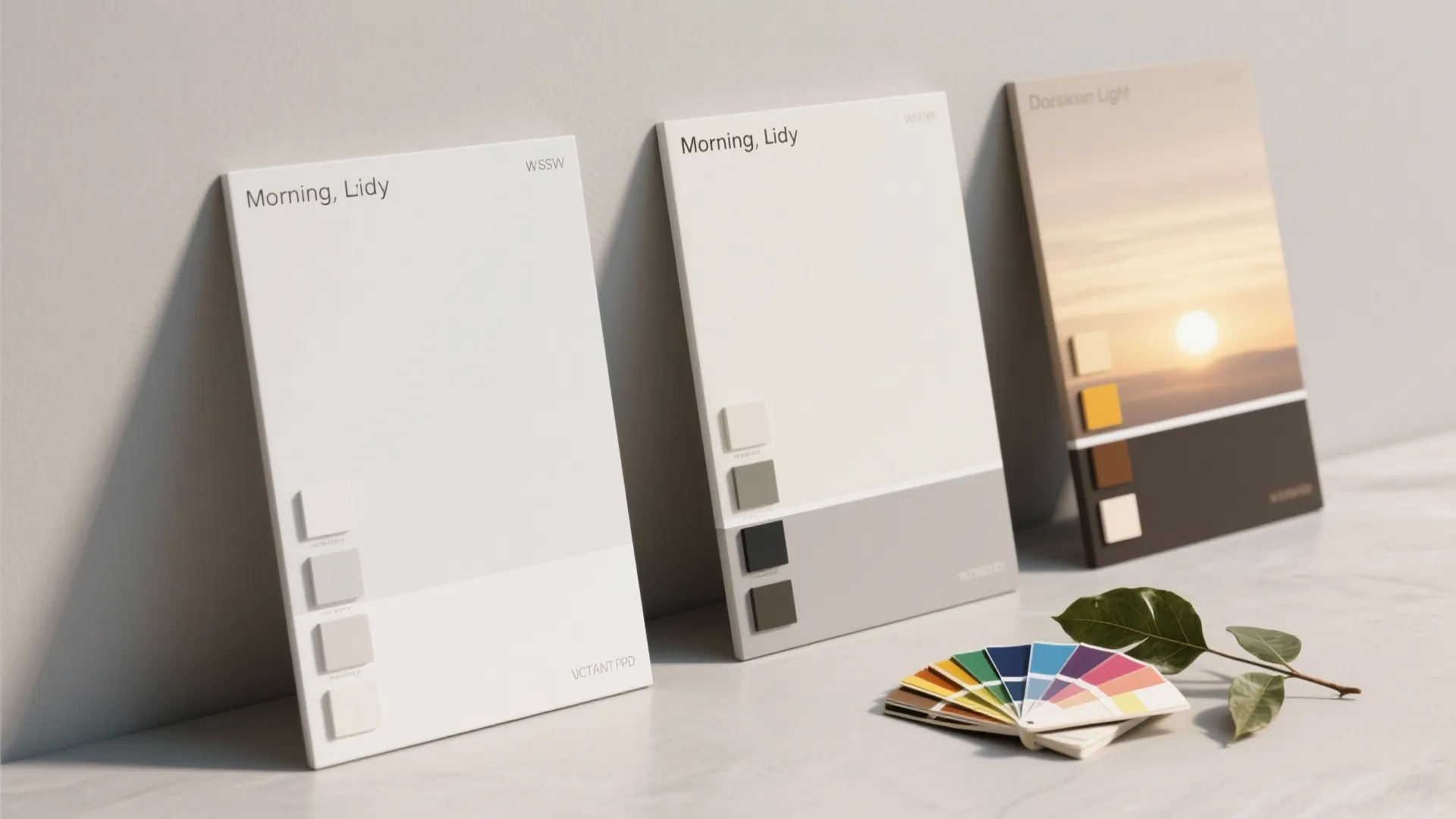 Interior design color palette boards leaning against a wall next to a colorful fan deck