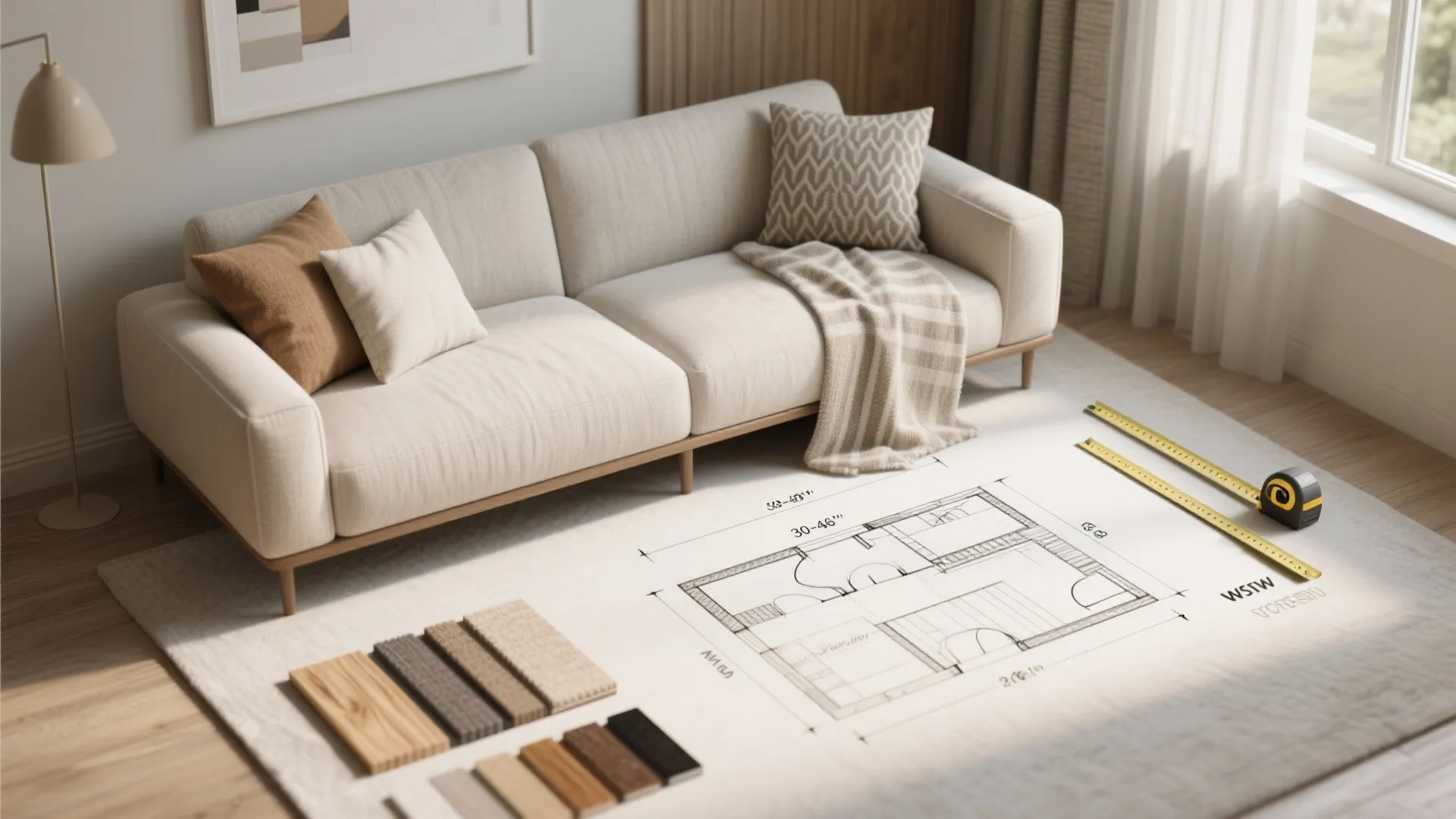 Beige sofa and floor plan drawing on a rug with measuring tape and wood samples