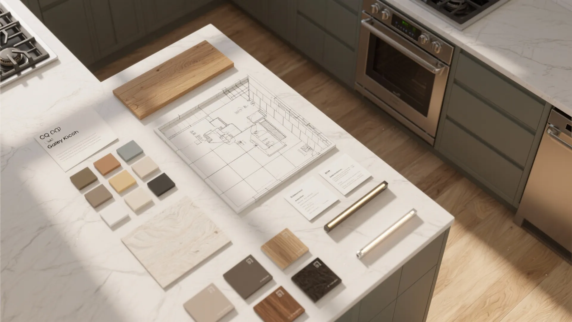 Kitchen island with room layout drawing wood samples color swatches and metal handles for interior design