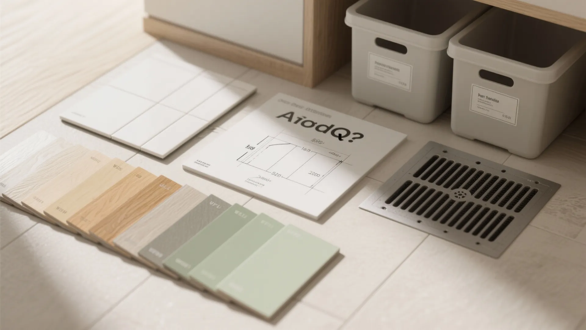 Flatlay of flooring samples, ventilation grill, hardware and labeled containers illustrating FAQ topics