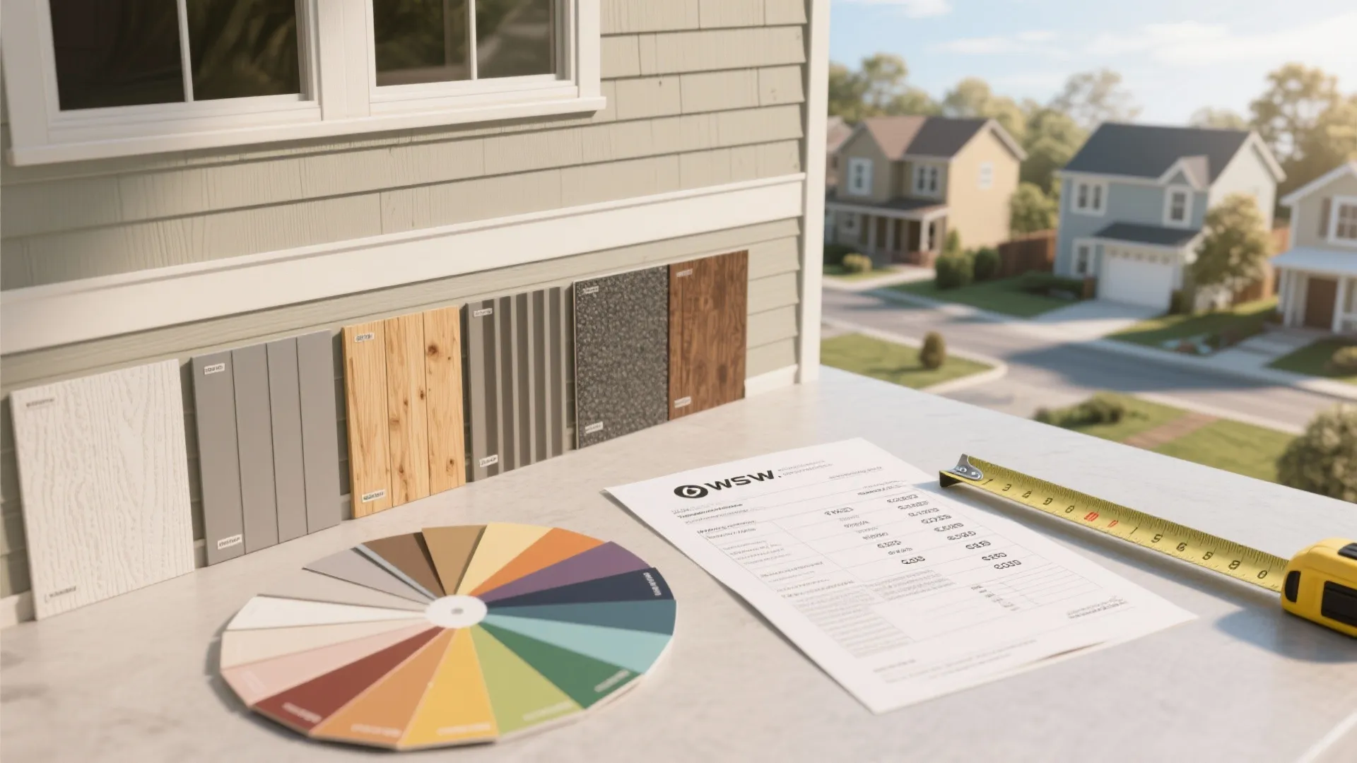 Exterior house wall samples displayed with a colorful wheel and measuring tape on a white table