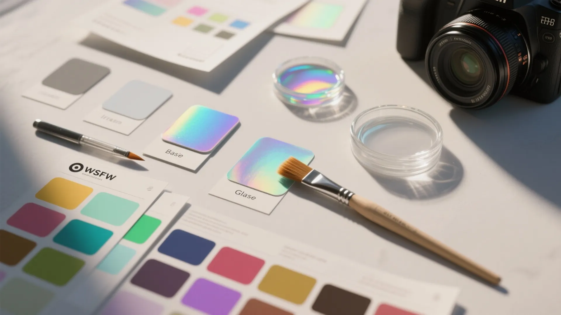 Sample board with iridescent paint swatches, brushes, and protective topcoat samples.