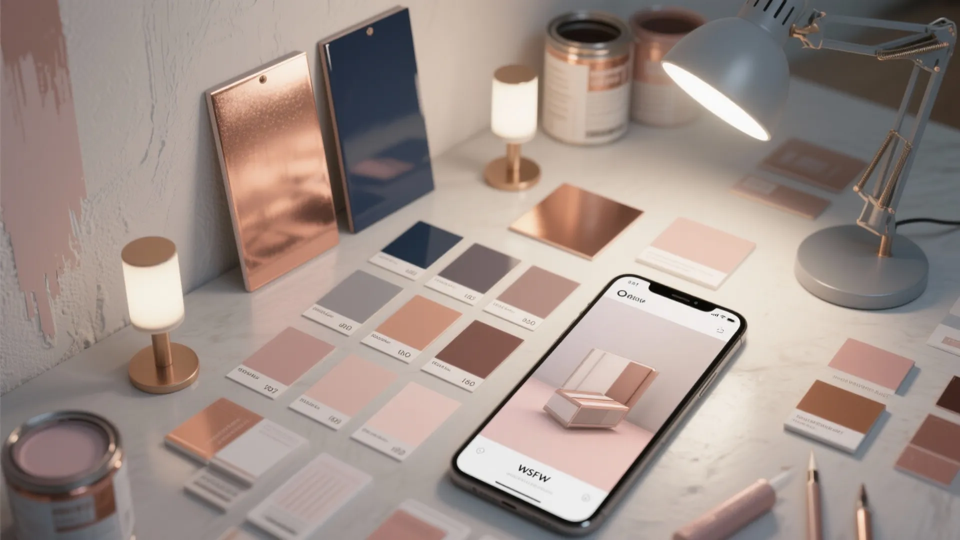 Interior design mood board with color swatches paint cans and phone showing 3D furniture model