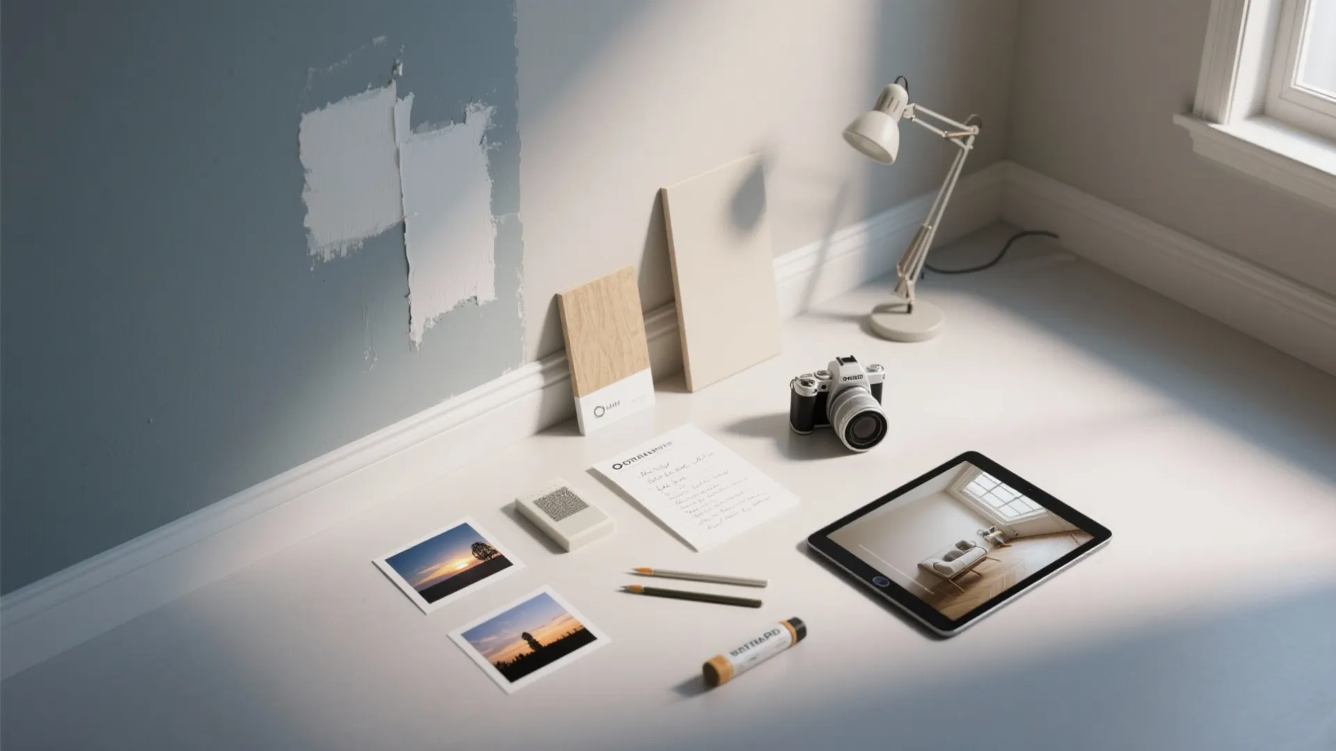 Tablet showing room design near camera lamp and wood samples on floor with blue wall