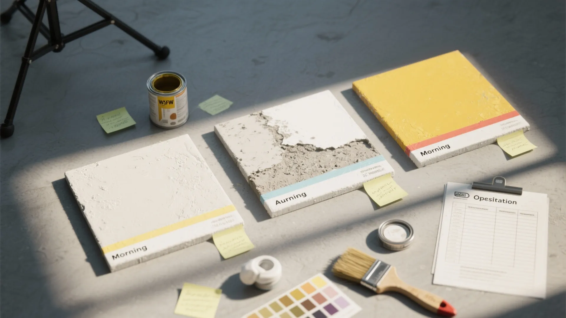 Construction material samples on floor with paint can, brushes, color palette, and a clip board