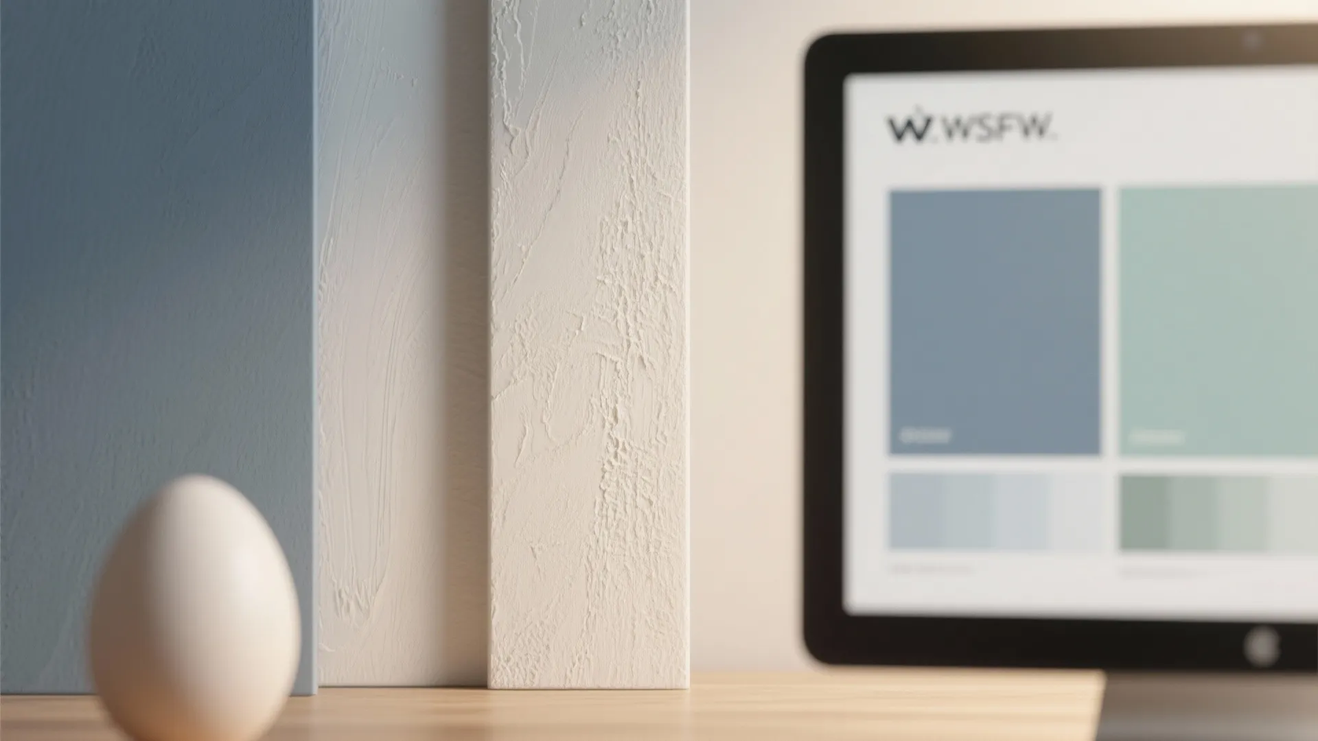 Close-up of paint finish samples and swatch cards next to a monitor showing a neutral background for video calls.