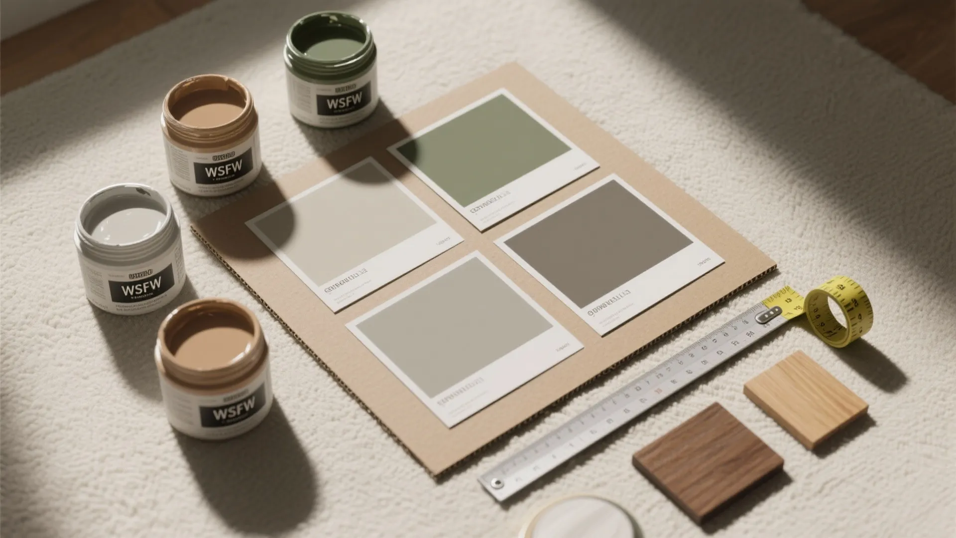 Interior design materials showing paint jars color swatches wood samples and a yellow measuring tape tool
