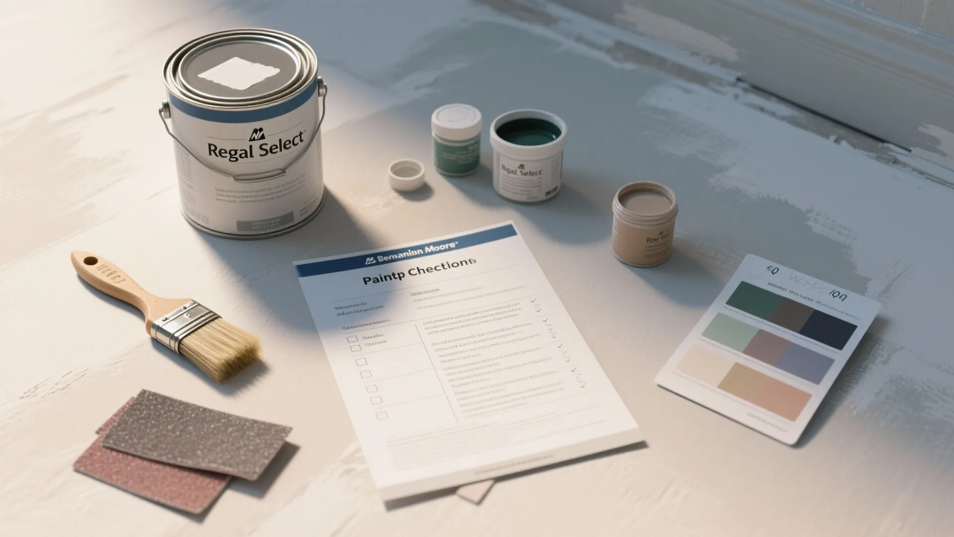 Wall paint cans with brush color swatches and a checklist on a white floor surface