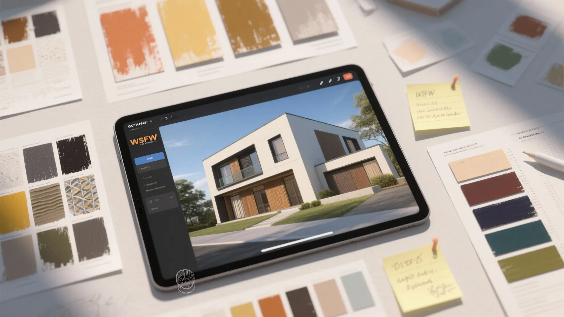 Tablet showing house interior design drawing on desk with color samples and small sticky notes