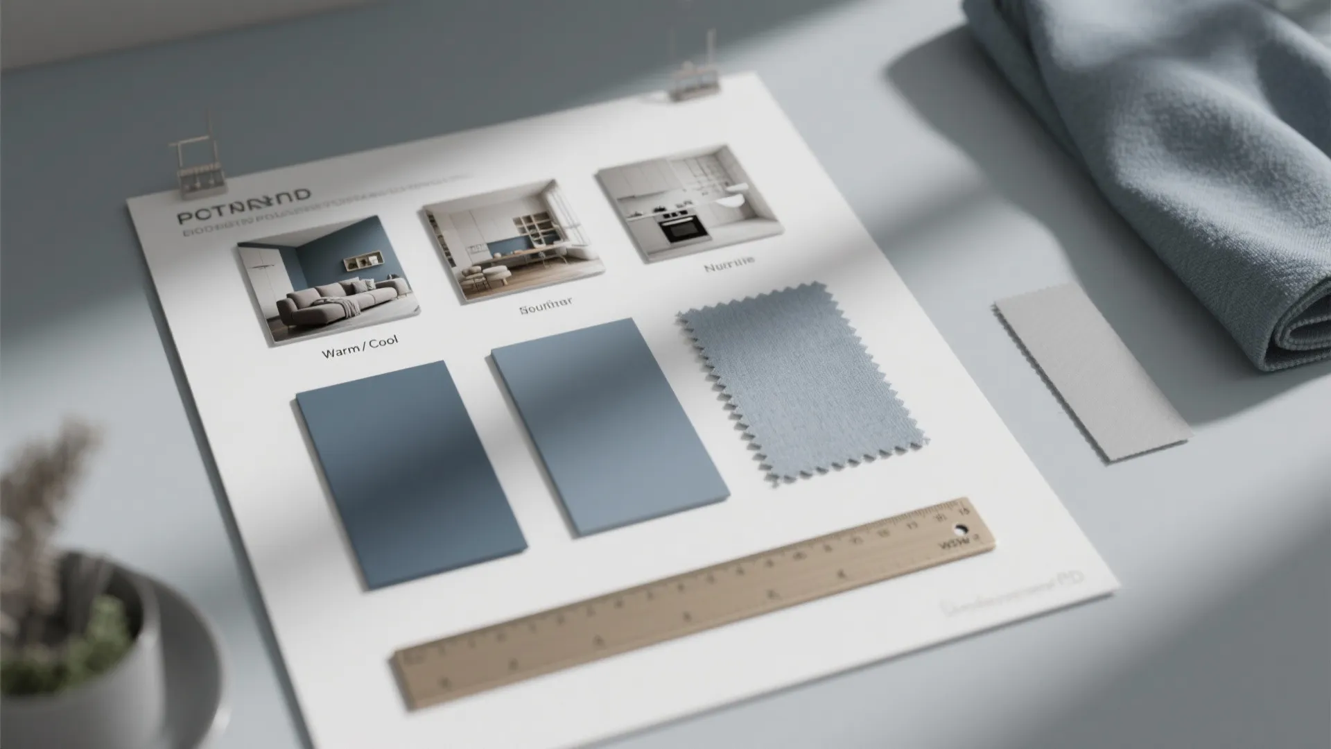 Interior design mood board with room photos blue color samples fabric swatch and wooden ruler
