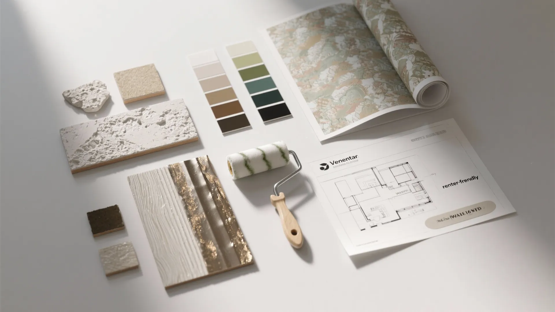 Interior design materials including color swatches tile samples paint roller wallpaper and a room drawing
