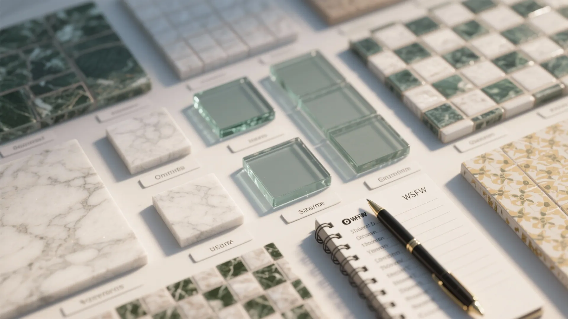Selection of green and white marble tile samples on desk with black pen and notebook