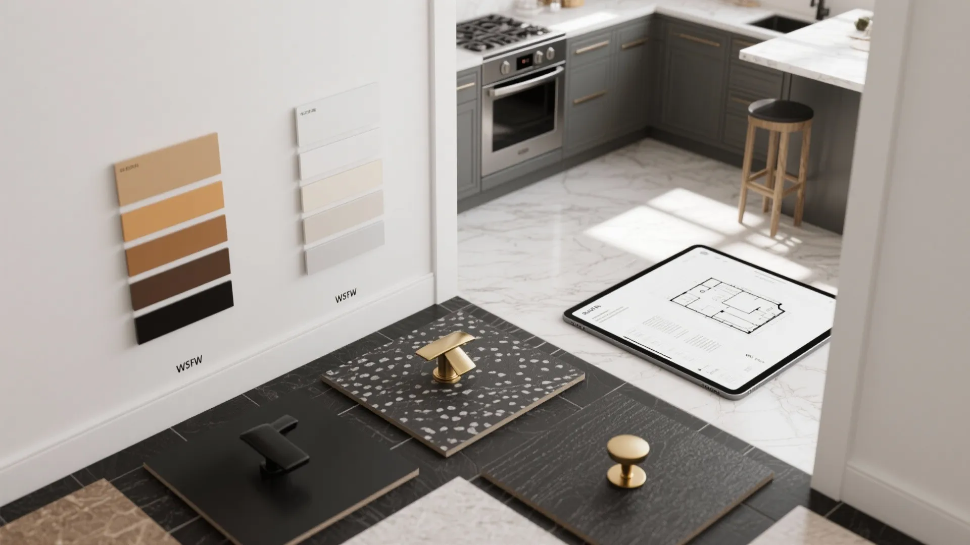 Interior design mood board with color samples and floor plan tablet in modern kitchen setting