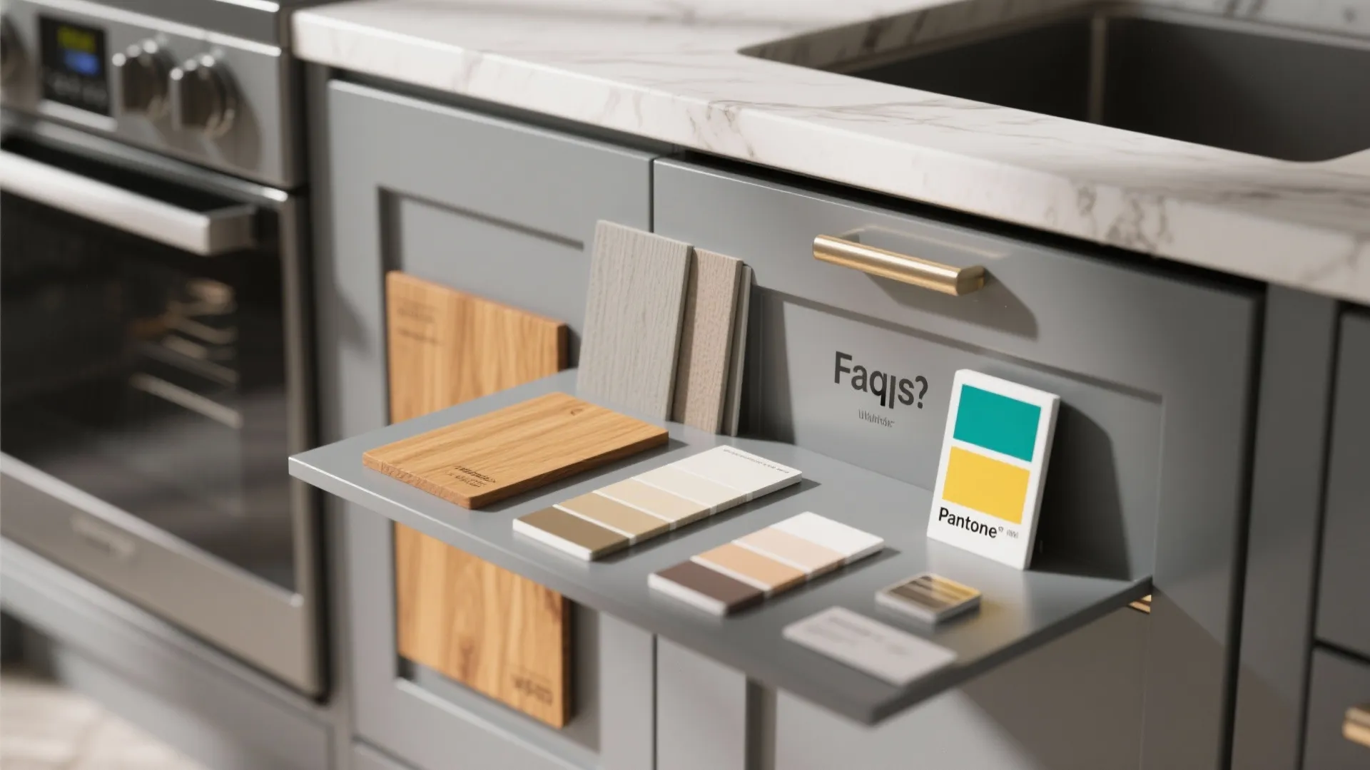 Grey kitchen cabinet drawer pulled out showing various wood samples color palettes and a card