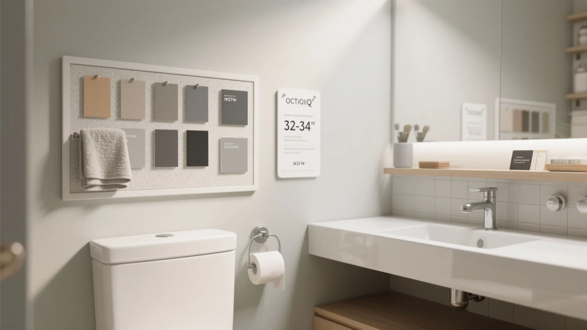 Modern bathroom interior with white toilet sink and wall mounted board showing various colored material samples