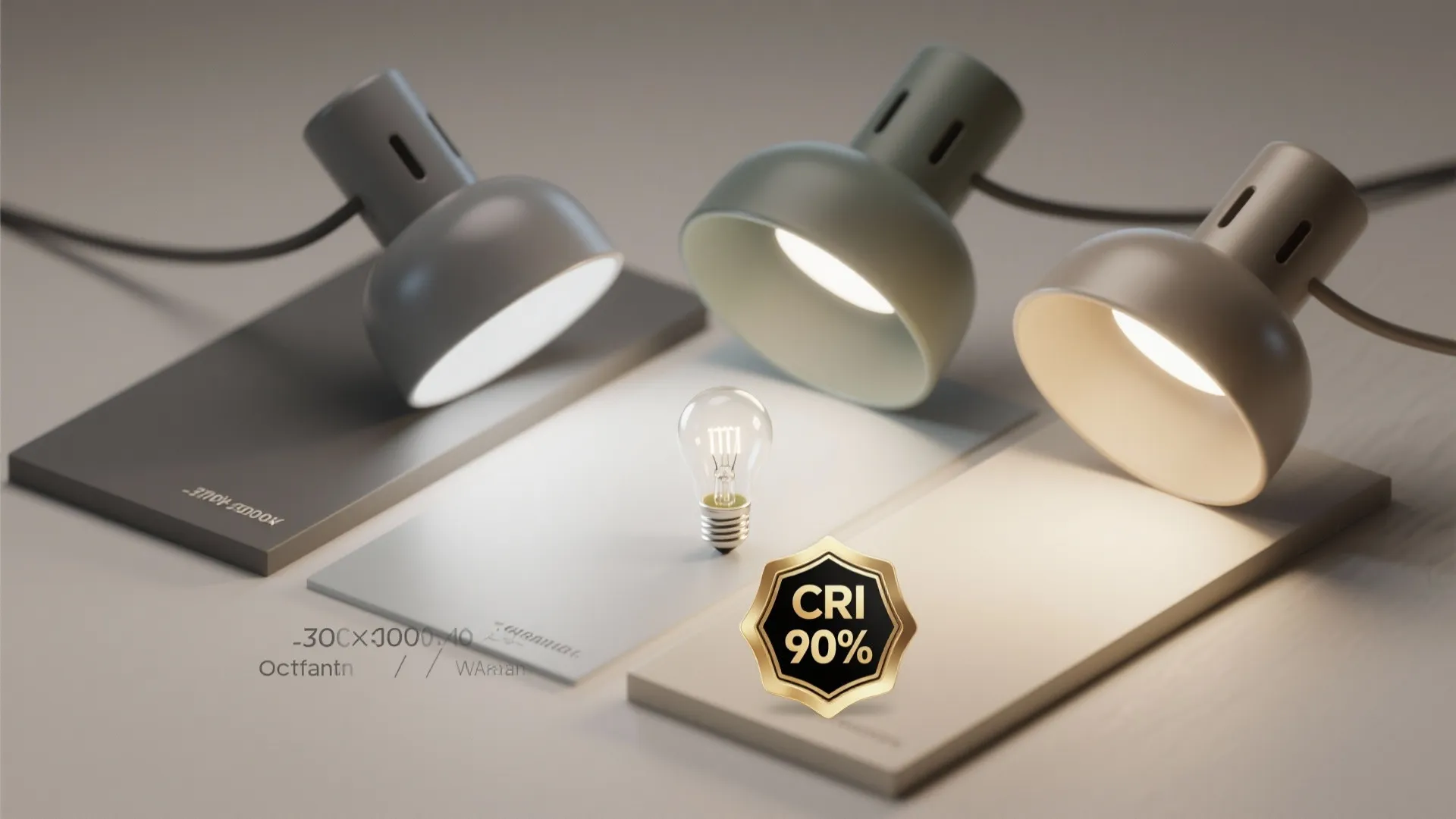 Samples of gray finishes and bulb color temperature swatches for bedside lamps