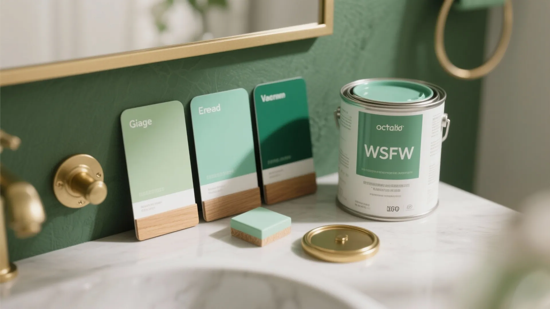 Paint swatches and hardware samples showing sage, mint and emerald green options and moisture-proof finishes