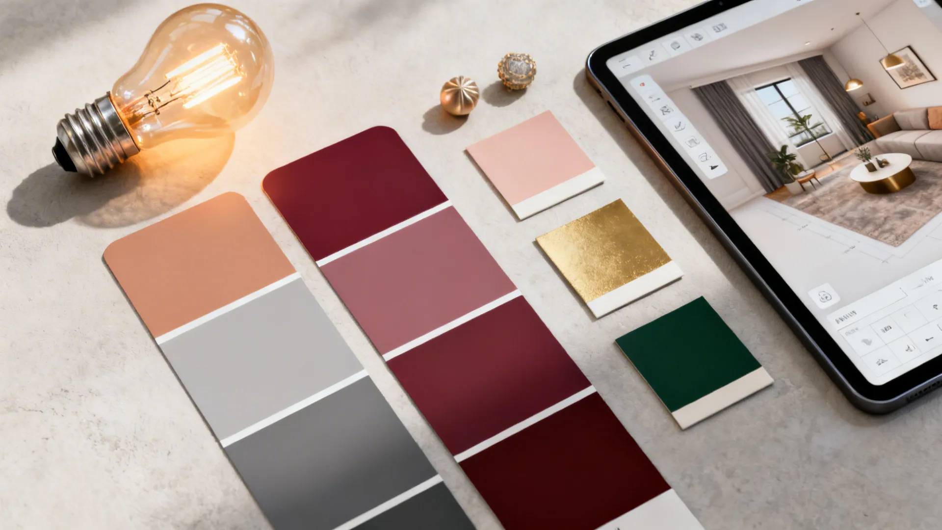 Lighting samples, paint swatches, and decor samples illustrating grey and burgundy pairing and planning tools
