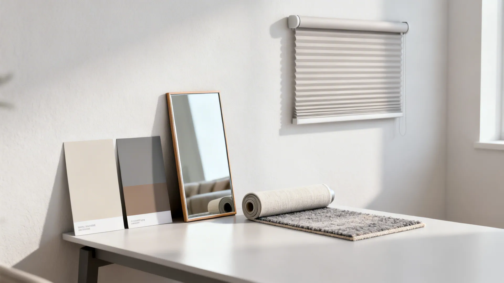 Paint swatches, mirror sample, roller blind and rug sample for small living room choices