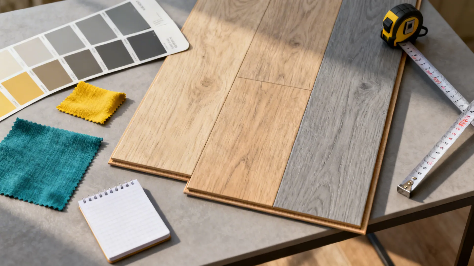 Paint and fabric samples for grey, teal and yellow with floorboard options and measuring tape