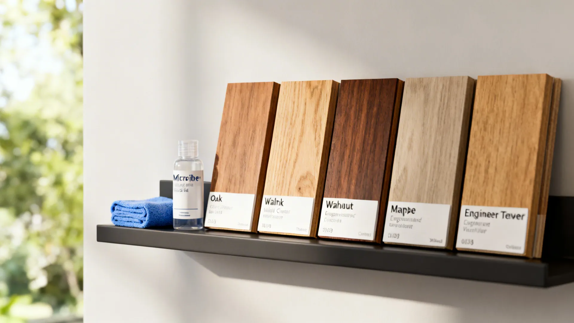 Wood sample chips and a care kit illustrating material choices and maintenance.