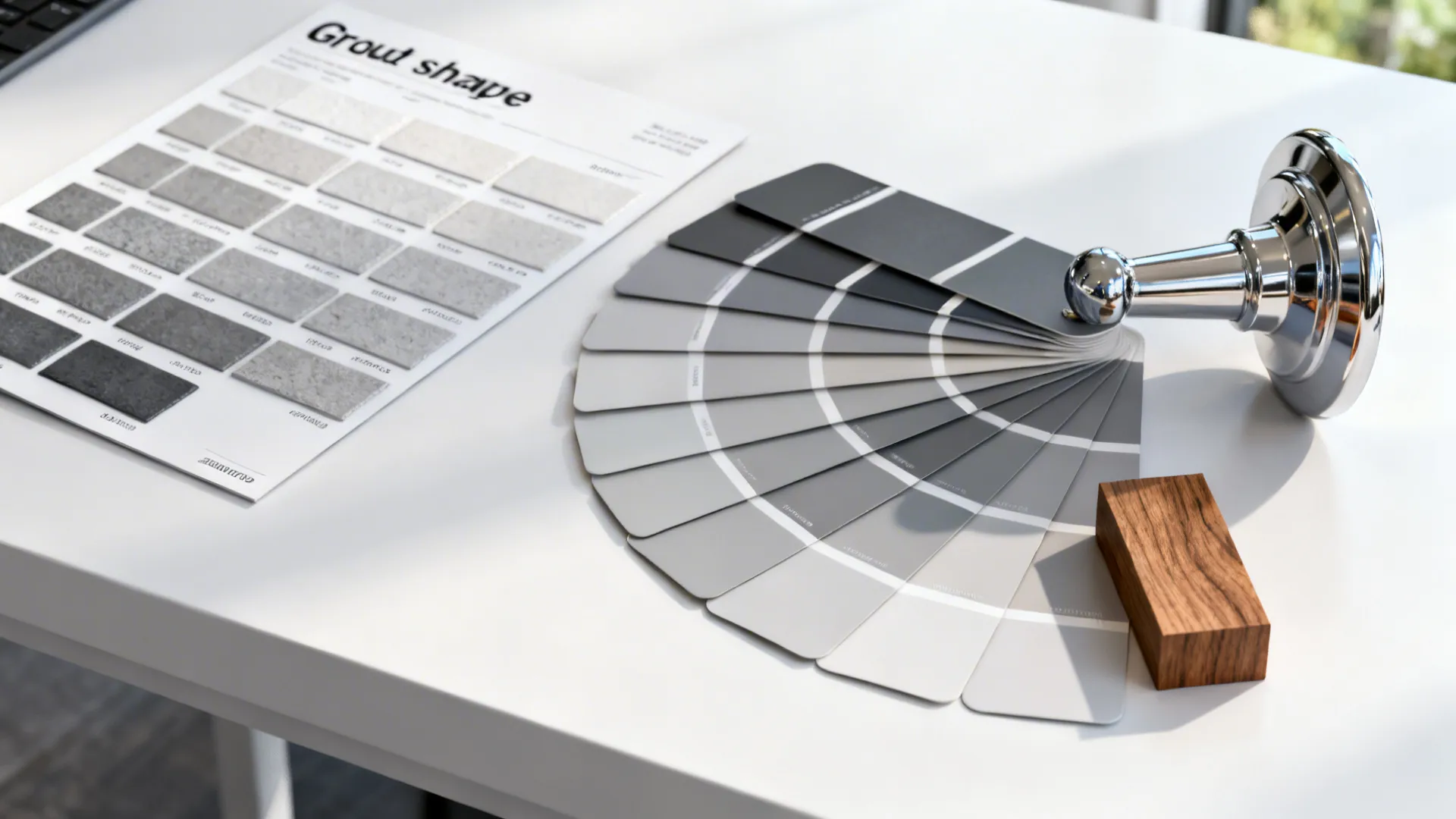 Grout shade guide, grey paint swatches, chrome fixture and wood sample for bathroom decisions.