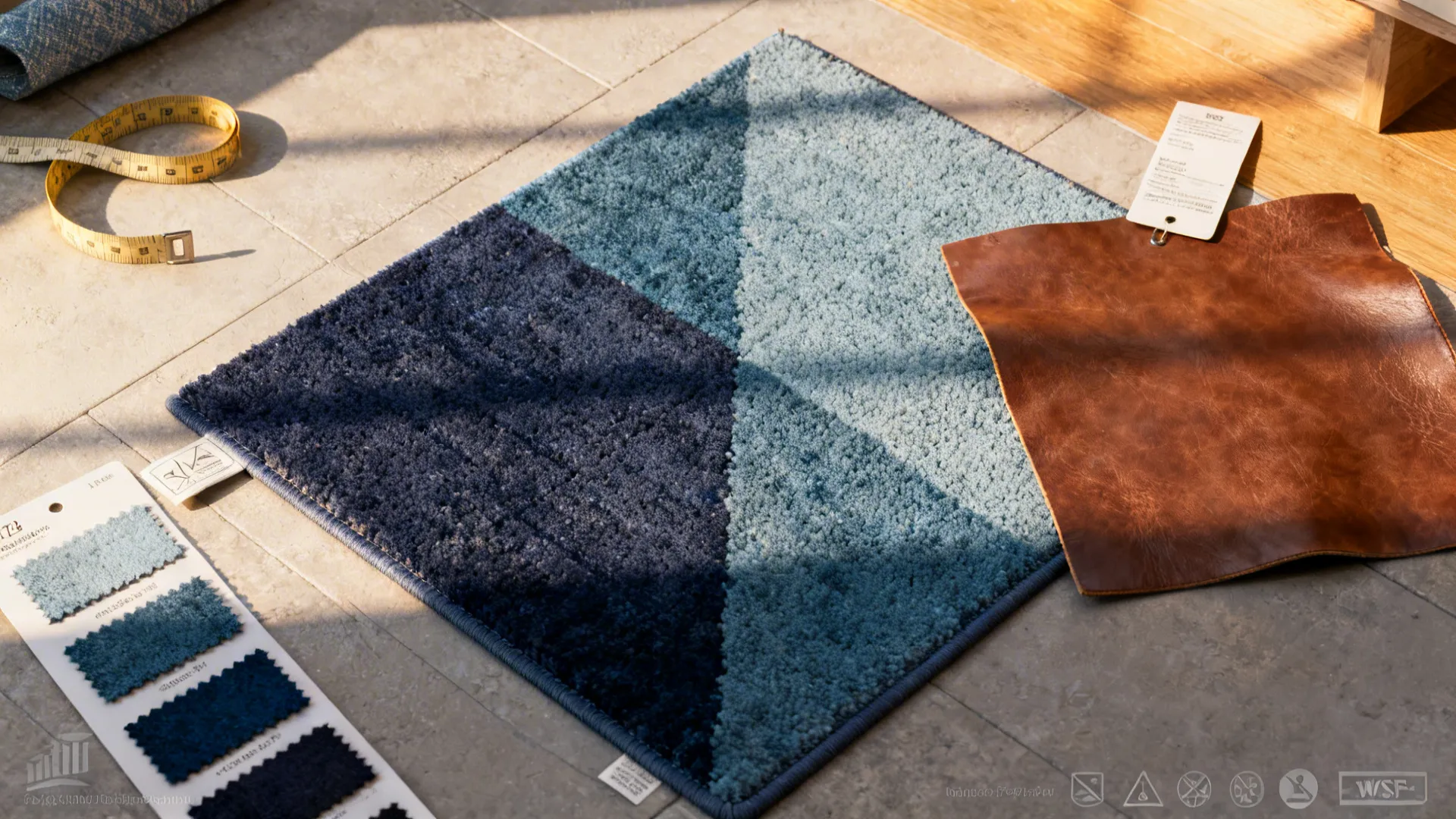 Blue geometric rug sample with brown leather piece and fabric color swatches on a floor