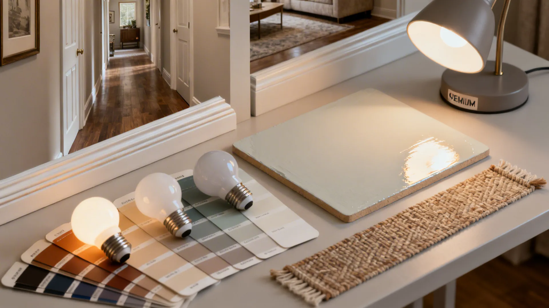 Interior design samples showing hallway photo, color swatches, light bulbs, floor tiles, and table lamp