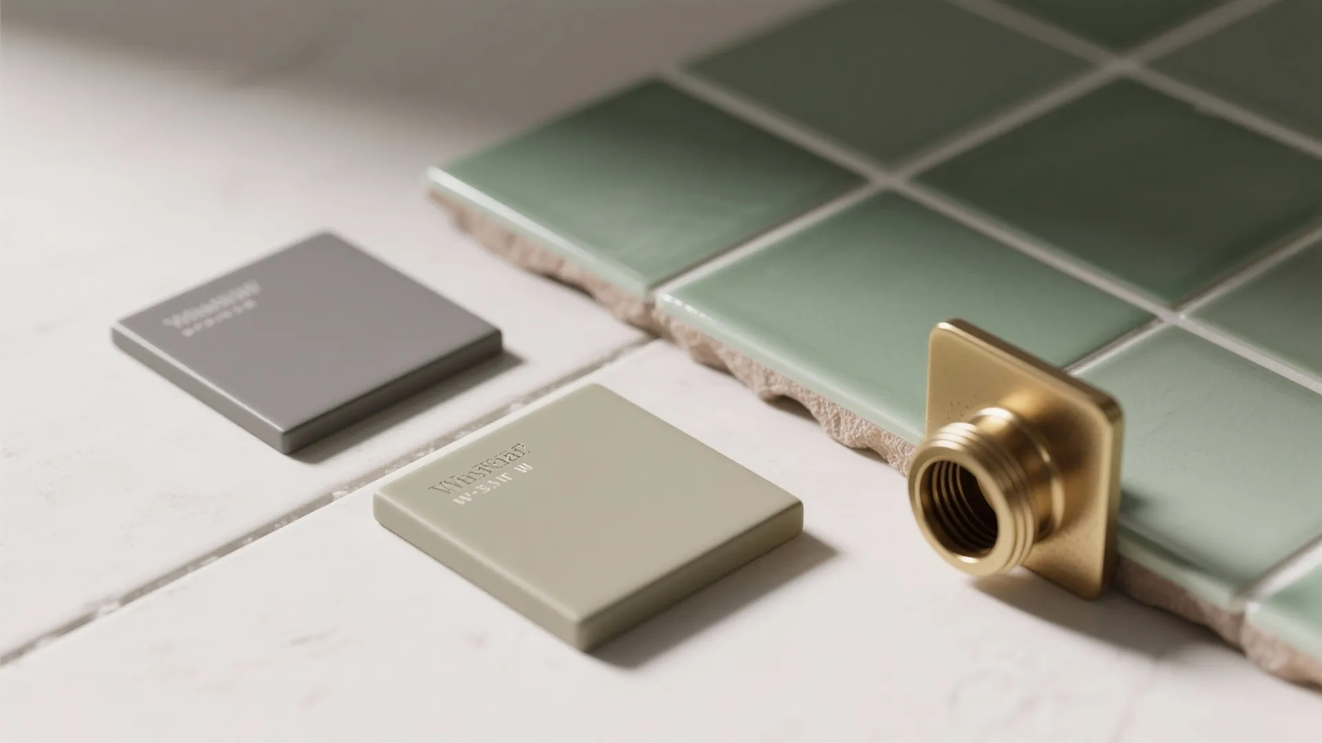 Close up of green wall tiles and square color samples with a gold light fixture