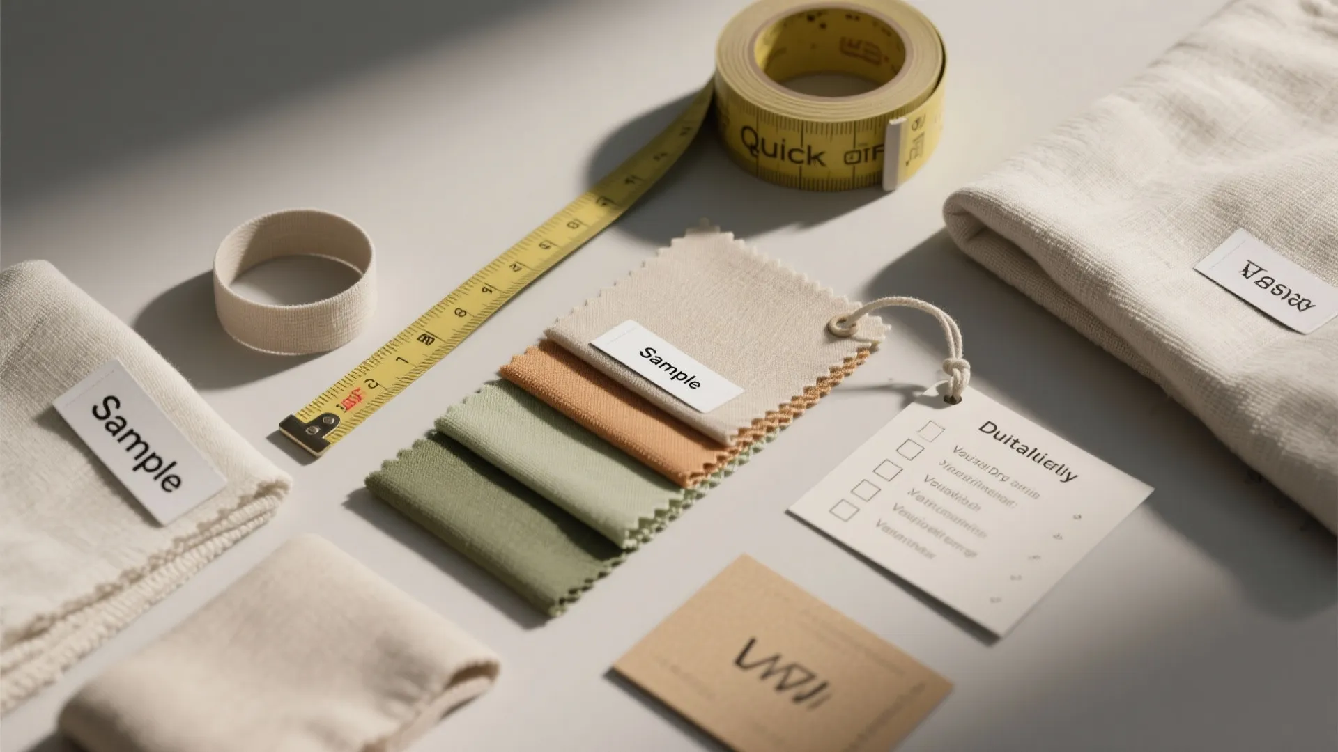Fabric samples in earth tones with a yellow measuring tape and a white paper checklist