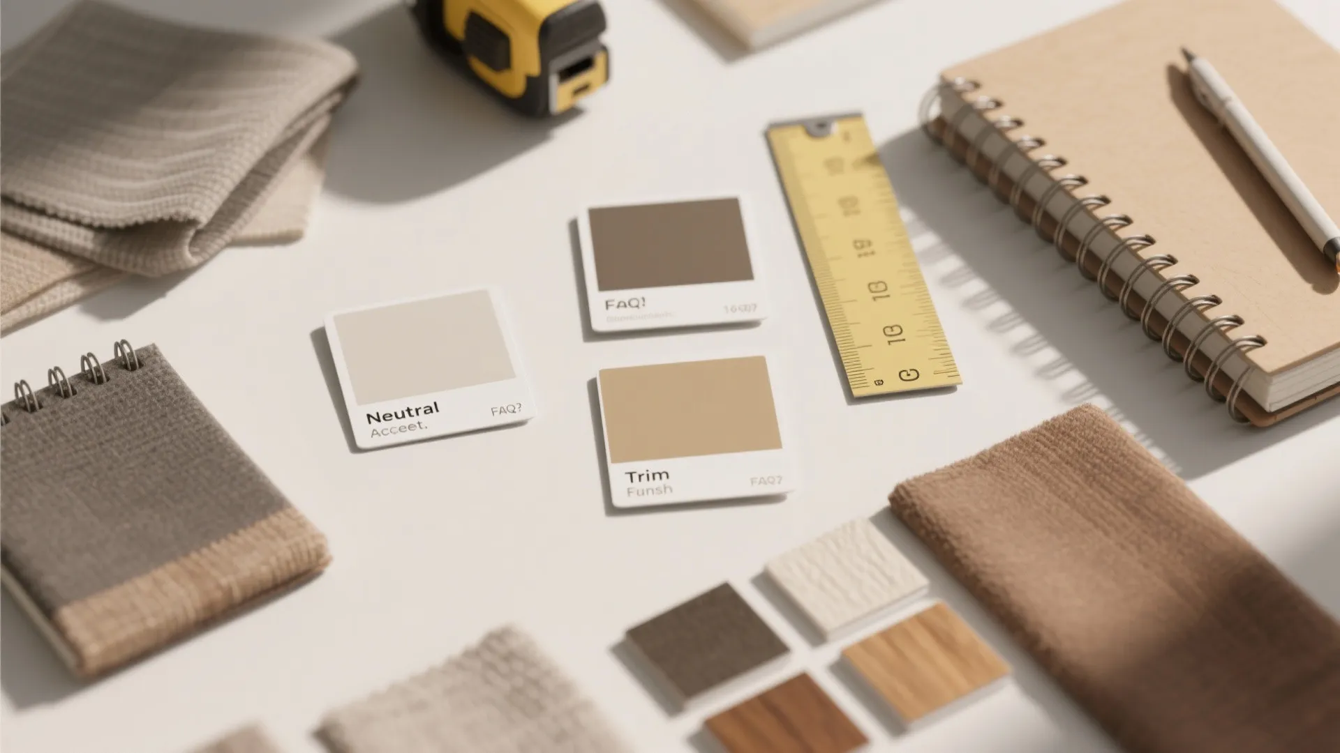 Interior design mood board with color cards yellow ruler tape measure notebooks and fabric samples