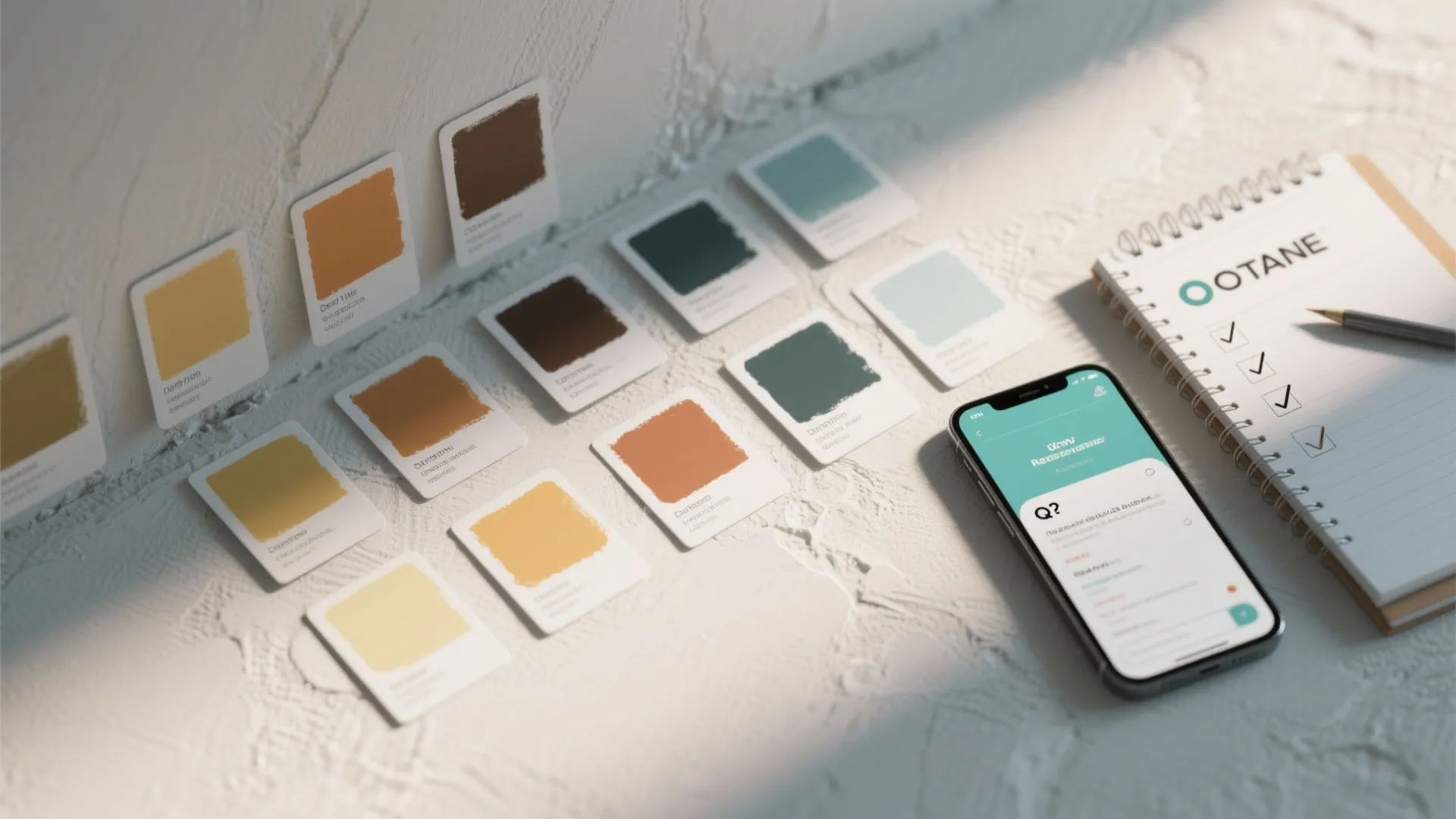 Flatlay of paint test patches, sample cards and a checklist illustrating FAQ topics like drying time and compatibility.