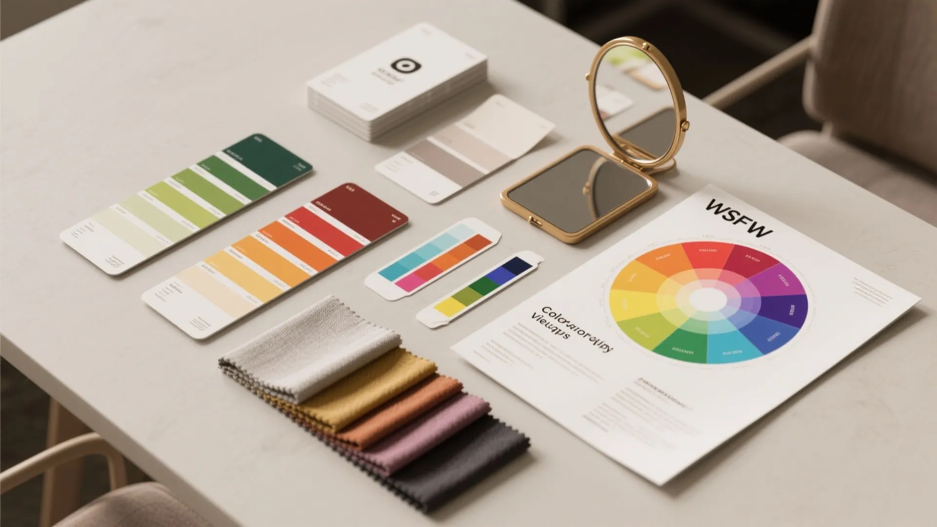 Interior design color palette with fabric samples color wheel and small gold mirror on table