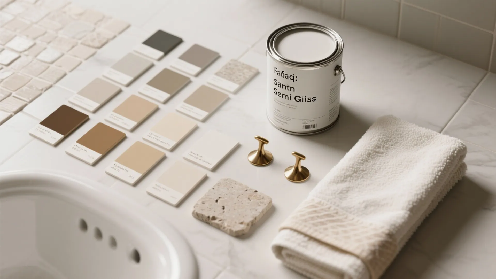 Top-down flatlay of paint finish and tile samples for bathroom planning and FAQs.