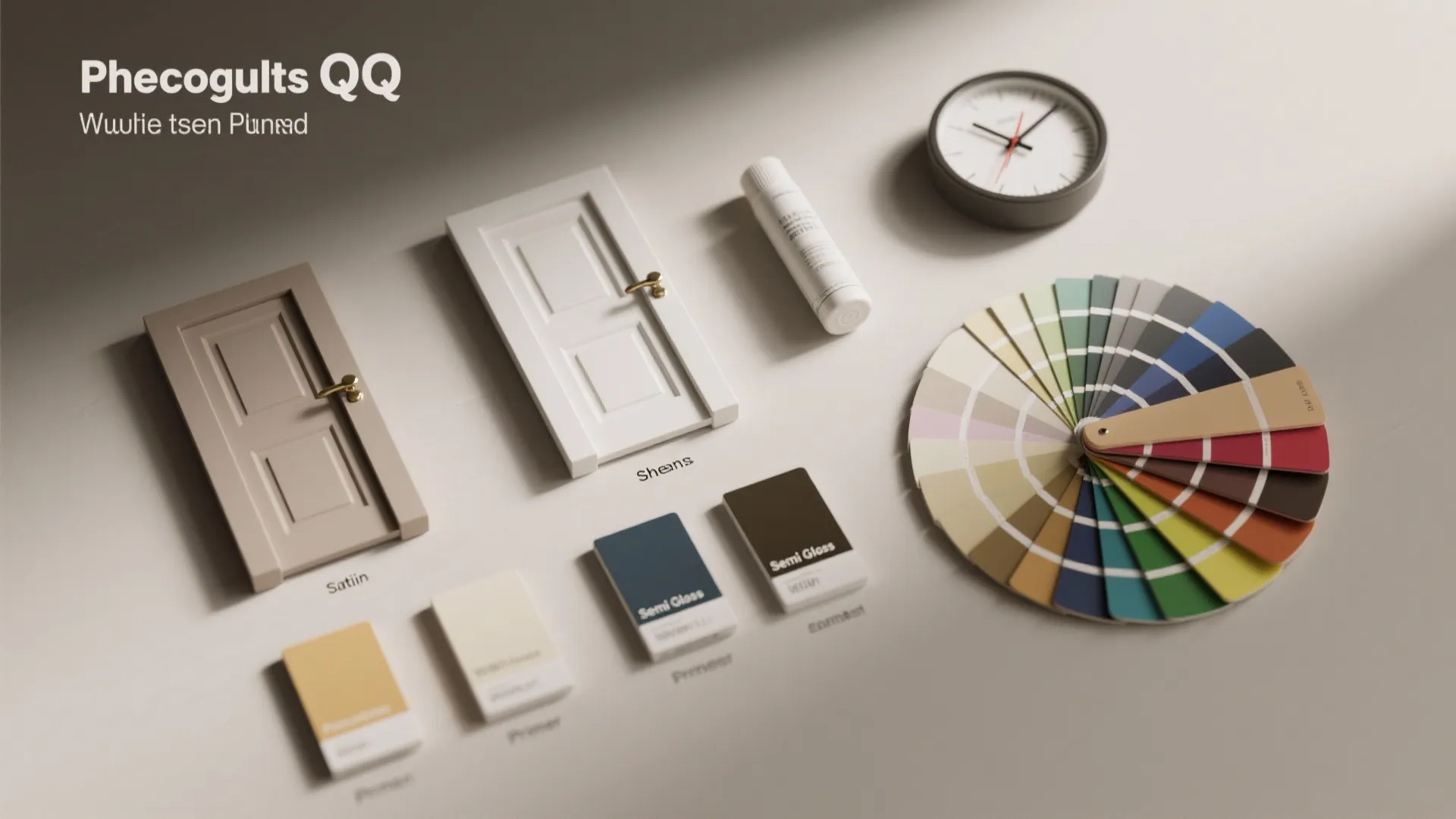 Interior design materials with small doors color swatches paint cards a clock and a tube