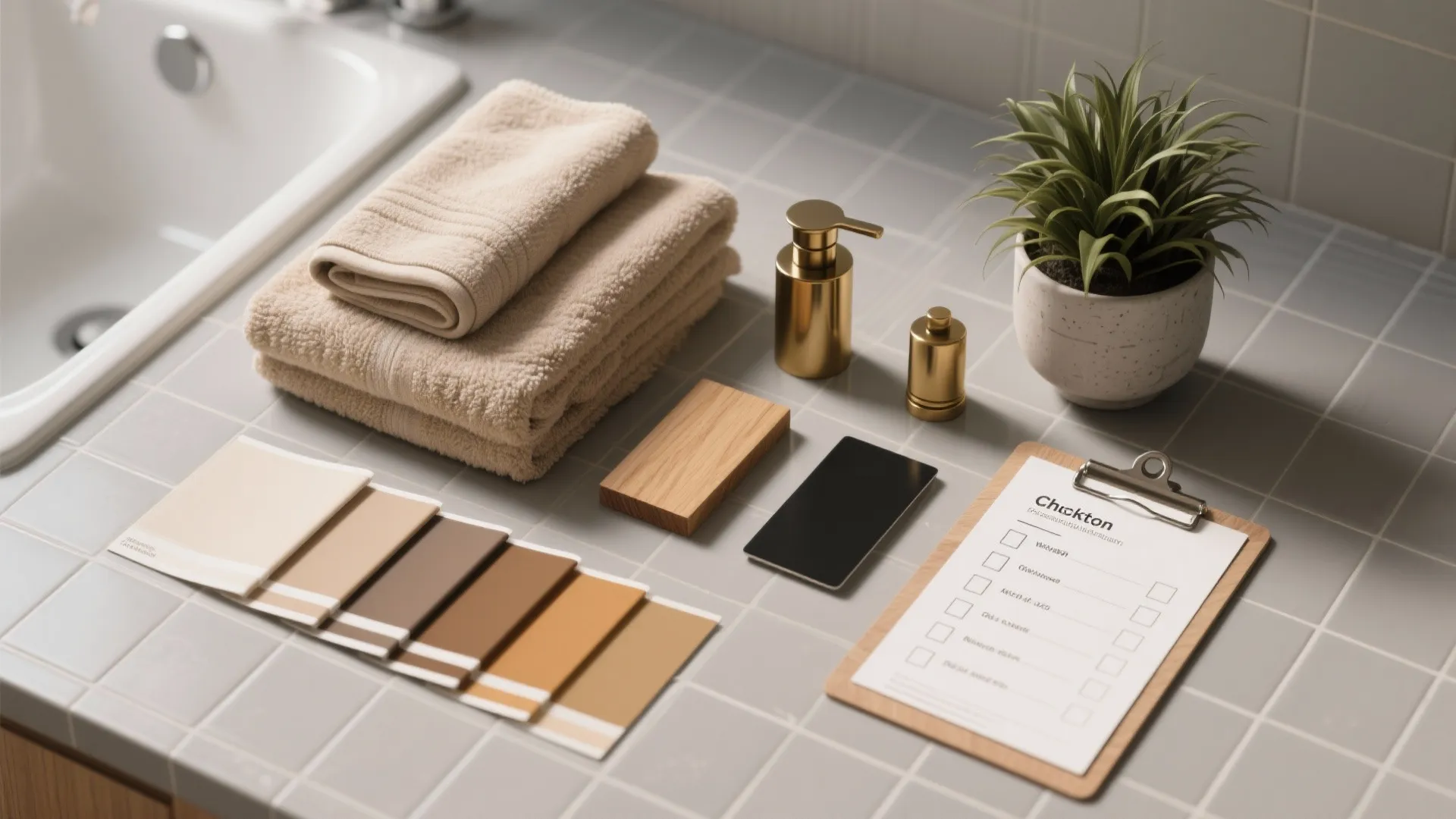 Flatlay of towel swatches, metal finish samples, wood sample, faux plant and FAQ checklist on grey tile.