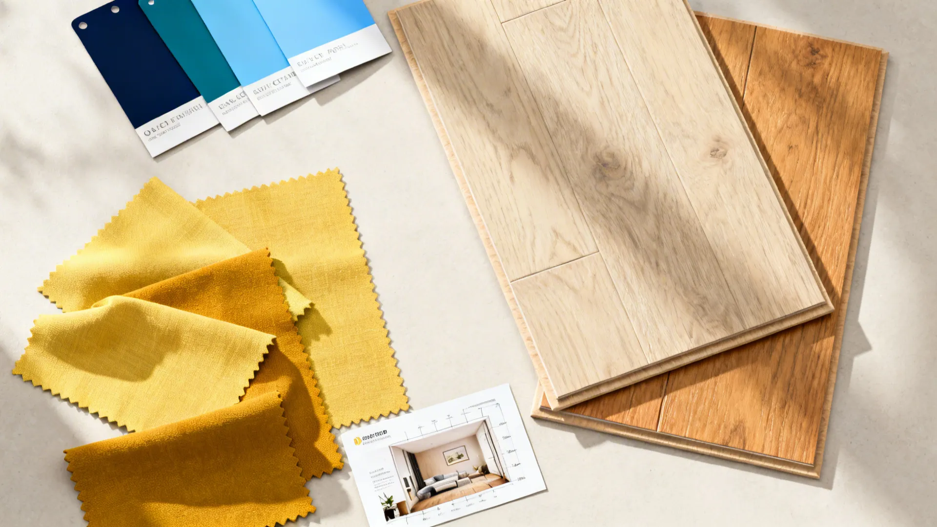 Flatlay of paint and fabric swatches alongside wood samples and a small room planner mockup