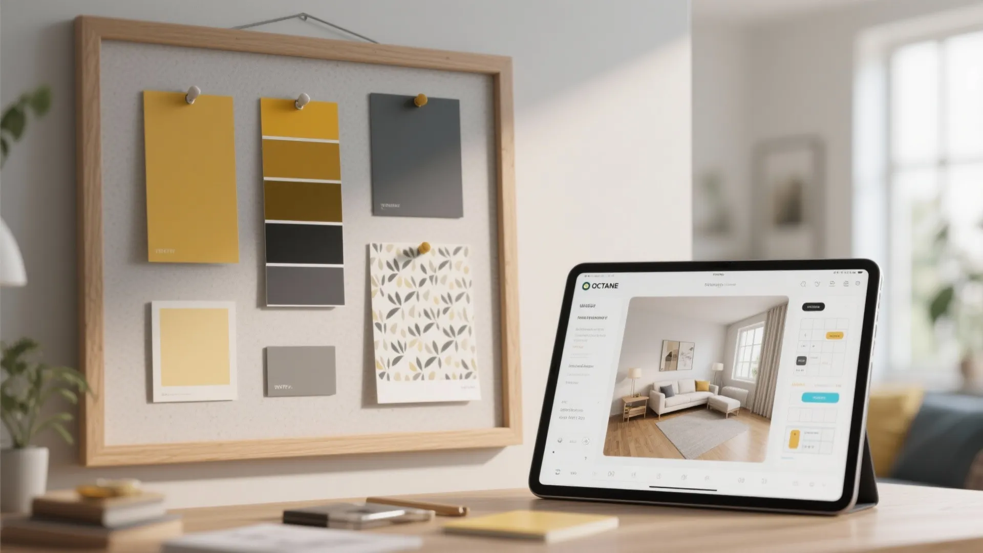 Tablet showing interior design software next to a mood board with yellow and grey swatches