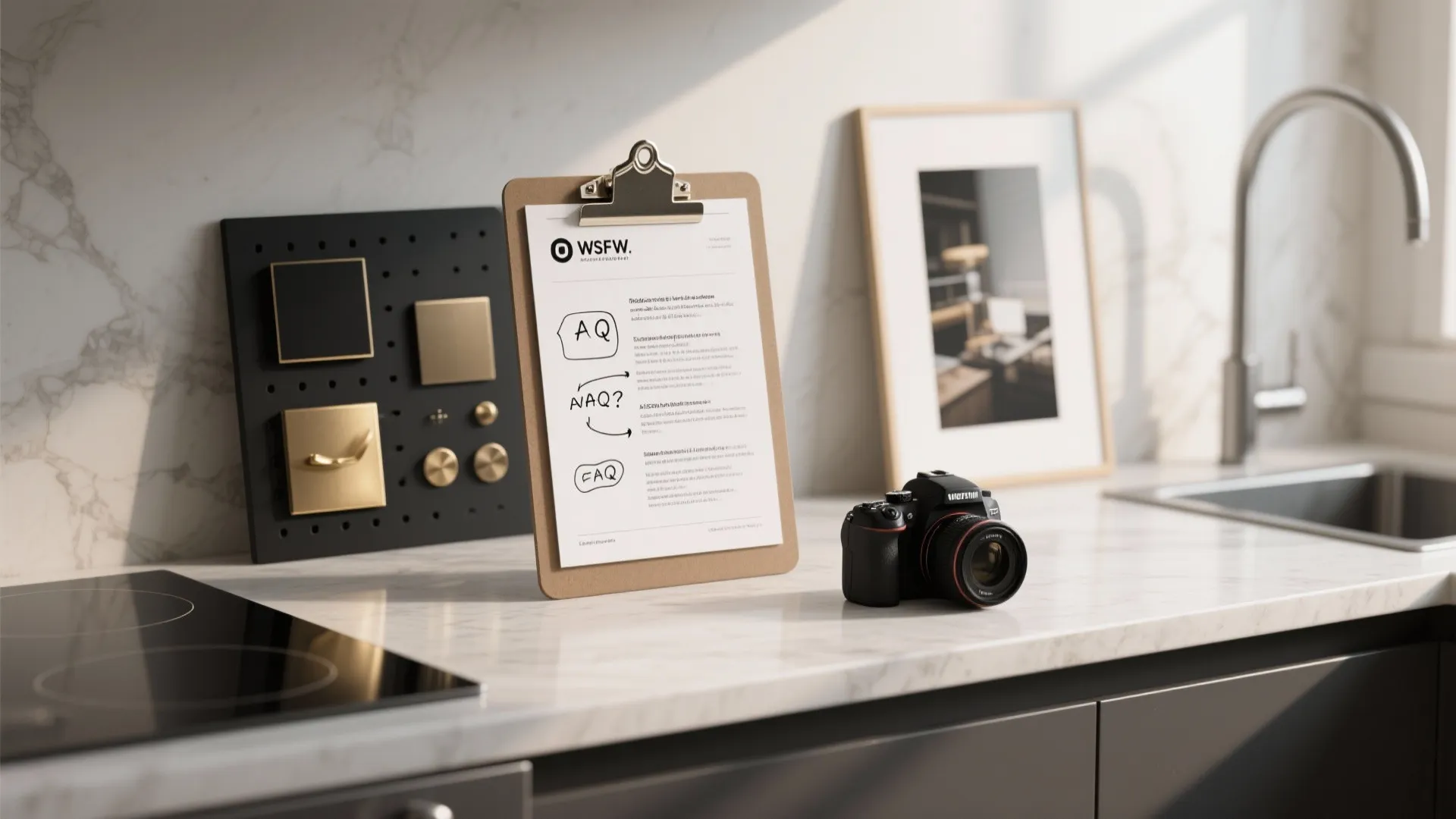Kitchen counter with clipboard, black camera, gold wall hardware, and marble backsplash in natural light
