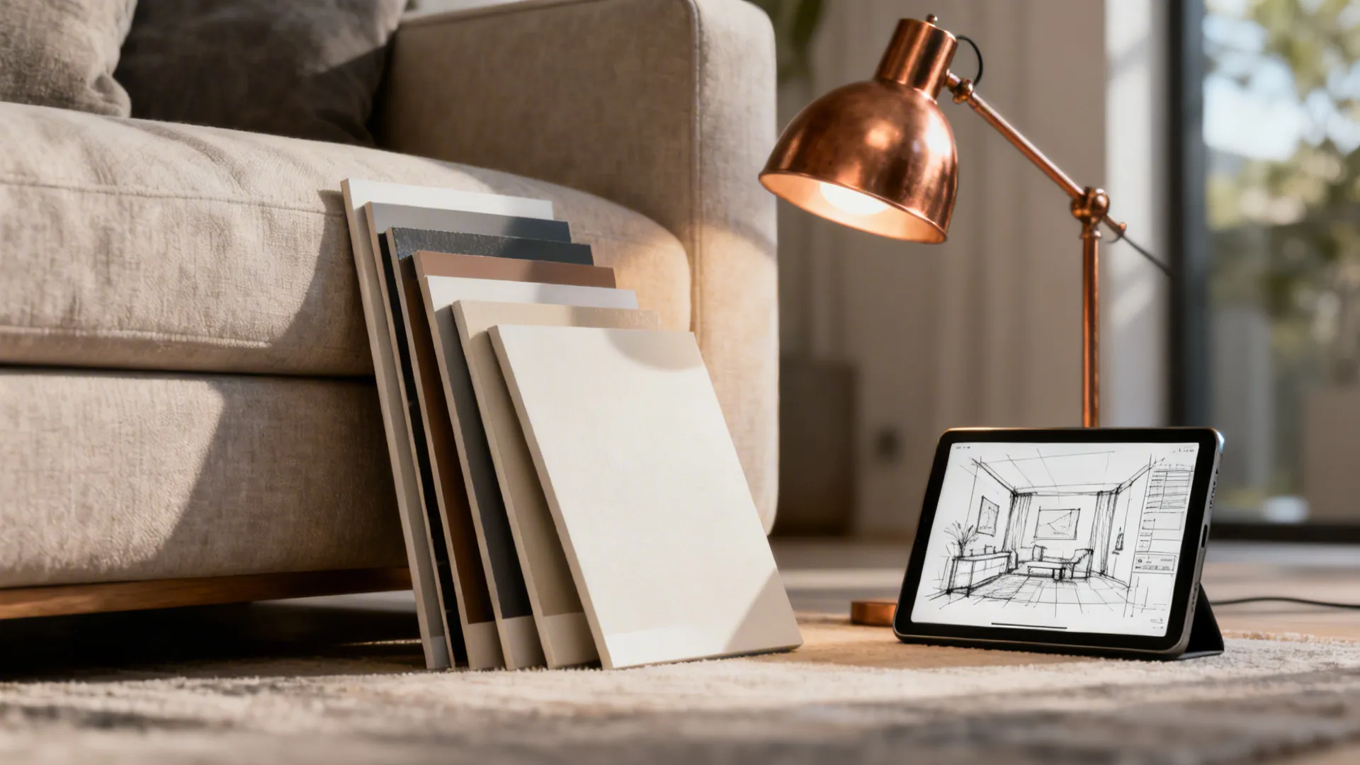 Vignette of paint samples, a warm metal lamp and a tablet showing a room planner for blue-gray schemes