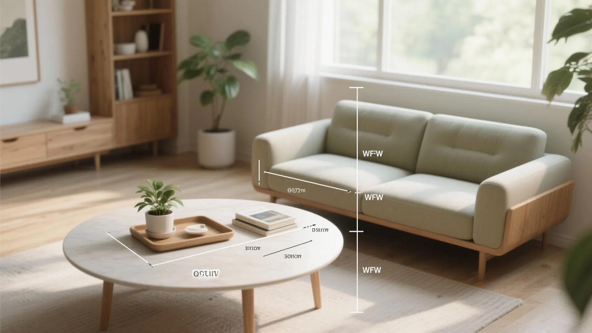 Small sofa and round coffee table with overlays showing recommended diameter and height relationships for small living rooms.