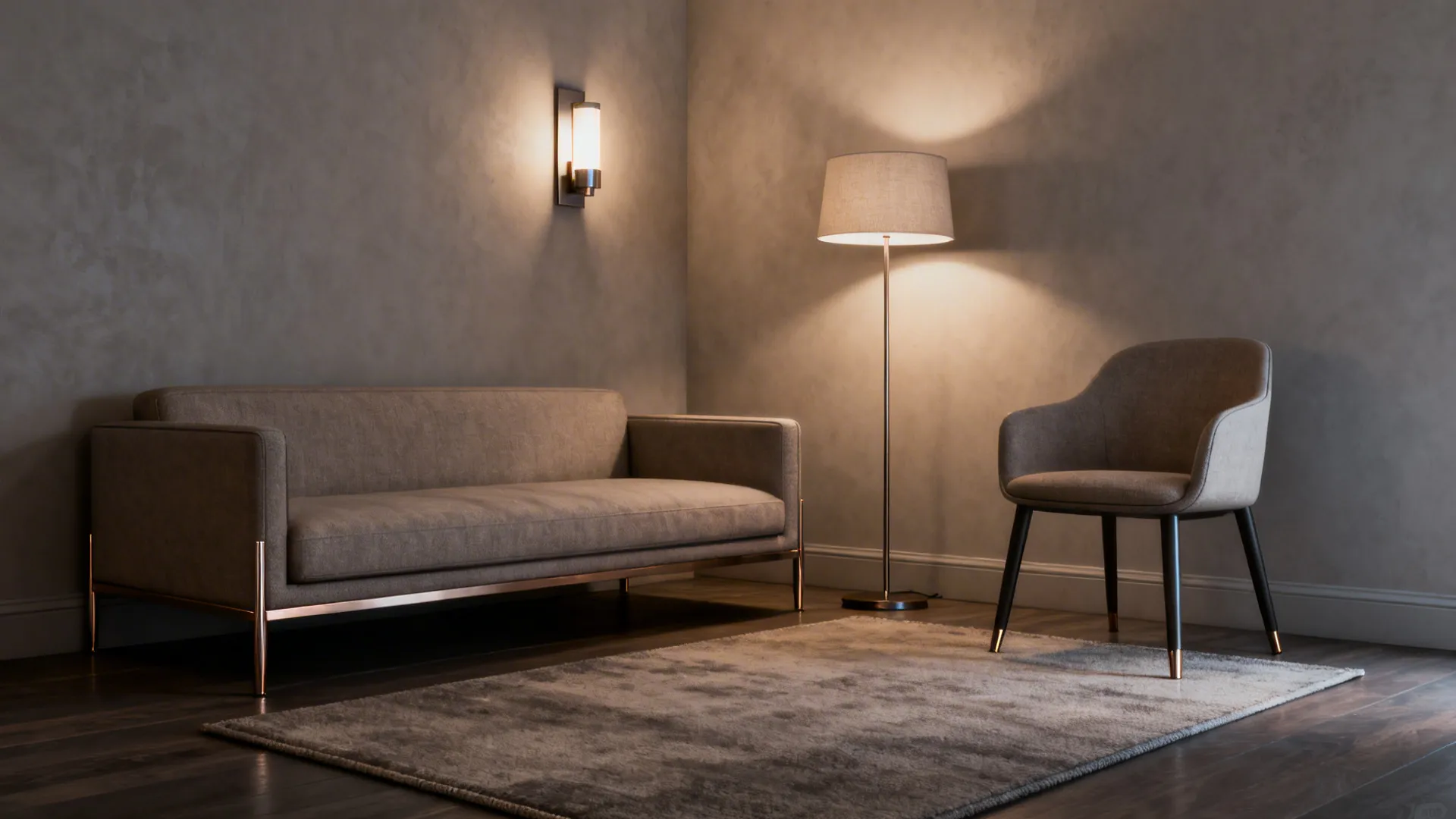 Small living room corner illustrating proper sofa depth, rug size, and layered lighting