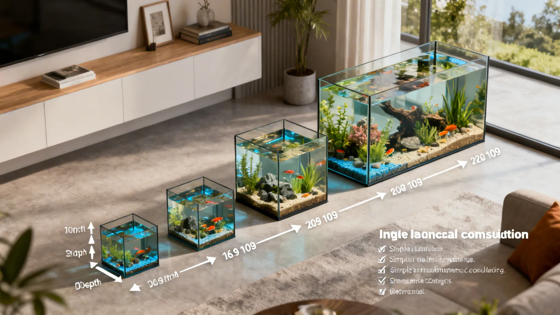 Infographic-style scene comparing aquarium depths and maintenance checklist for in-wall installations.