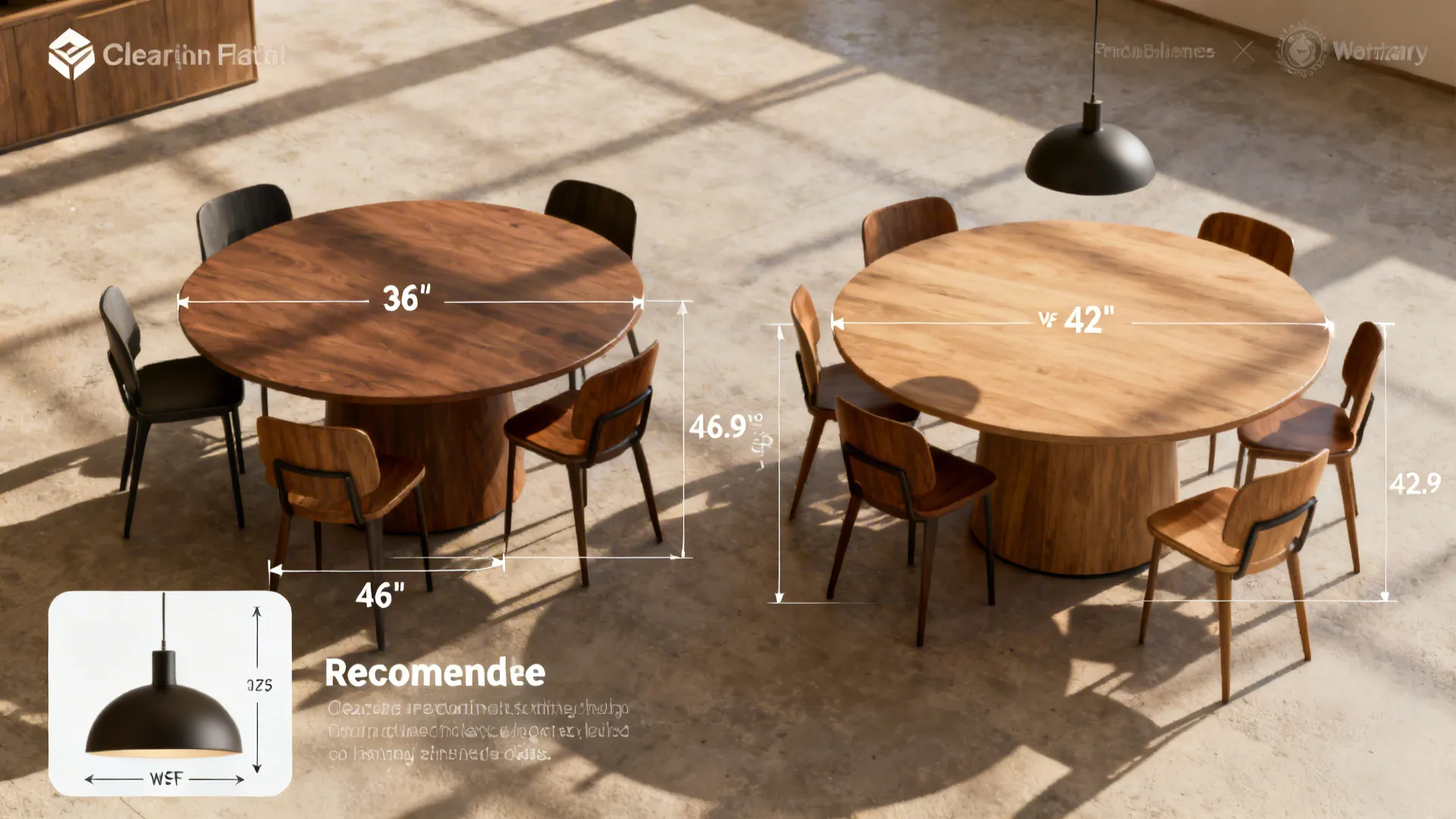 Scale comparison of 36" and 42" round tables with chair clearance and pendant height callouts.